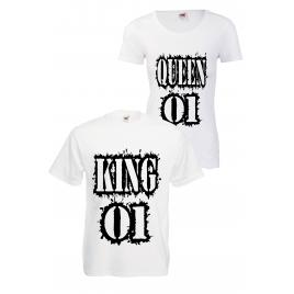 Set 2 tricouri cuplu king queen, alb, dama 2XL si barbat XL
