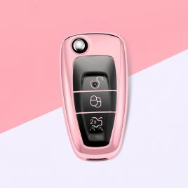 Husa cheie auto ford tpu+pc pink cu butoane negre cheie briceag (ford focus, fiesta,transit)