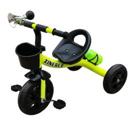 Tricicleta cu pedale pentru copii 3 - 6 ani, Roti din cauciuc EVA, Verde, Cadru metalic, Cosulet pentru jucarii, Clacson si sticla cu suport