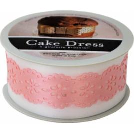 Banda decorativa Cake Dress pentru torturi si prajituri 4.5cm x 15m model dantelat Splendor roz