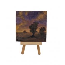 Pictura pe panza si sevalet din lemn, copaci la apus, 10 x 10 cm