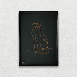 Tablou pisica cersetoare, sculptura din fir continuu de sarma placata cu aur, 18×24 cm