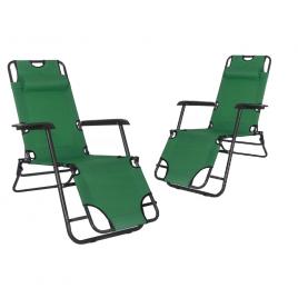 Set 2 scaune tip sezlong, pliabile cu tetiera detasabila, dimensiune 60x153 cm, culoare verde