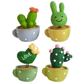 Set 4 Bucati Mini Decoratiuni Tip Cactus in Ghivece, Pentru Bord Auto, Verde