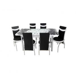 Set masa extensibila Cecille negru cu alb MDF acoperit cu sticla 6 scaune picioare cromate