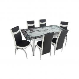 Set masa extensibila Exclusive negru cu alb MDF acoperit cu sticla 6 scaune picioare cromate