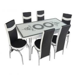 Set masa extensibila Galant White alb cu negru MDF acoperit cu sticla 6 scaune living si bucatarie