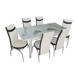 Set masa extensibila Marble white alb marmorat MDF acoperit cu sticla 6 scaune picioare cromate