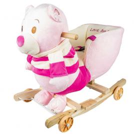Balansoar pentru bebelusi ursulet lemn + plus cu rotile roz 55 cm