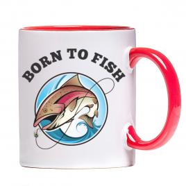Cana personalizata Born to fish,ceramica alba cu interior si maner colorat, 330 ml