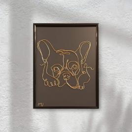 Tablou cap de bulldog, sculptura din fir continuu de sarma placata cu aur, 19×25 cm