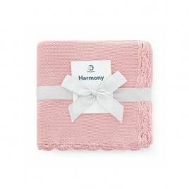 Petite&mars - paturica tricotata harmony, cu margini crosetate, dimensiune 80x100 cm, 100% bumbac, roz