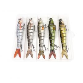 Set 5 voblere segmentate pentru pescuit stiuca, somn, salau, 8 segmenti, FishingBox, 14cm, 23gr, multicolor, Crankbait, Swimbait
