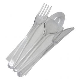 Set tacamuri lux din plastic transparent, furculita + cutit +lingura+ servetel - 100 buc/set x 8