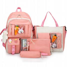 Set 4-in-1 pentru scolari sau prescolari - (rucsac, geanta de umar, plic elegant, penar), culoare roz cu iepuras, cod avx-wt-bunn-pink