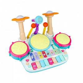 Jucarie muzicala pian si toba, microfon, pentru copii, lumini si sunete, 44 cm, multicolor,