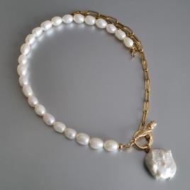 Colier cu perle naturale albe si inchizatoare lalea