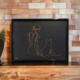 Iubim pisicile, tablou din fir continuu de sarma placata cu aur, 19×25 cm