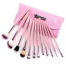 Set 12 pensule machiaj Cosmetic Par Natural-Sintetic Make-up Profesional roz