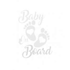 Sticker decorativ auto, baby on board, talpa cu inimioara, alb, 17 x 12 cm