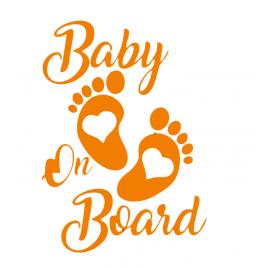 Sticker decorativ auto, baby on board, talpa cu inimioara, portocaliu, 17 x 12