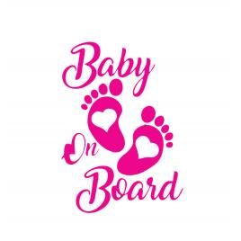 Sticker decorativ auto, baby on board, talpa cu inimioara, roz, 17 x 12 cm