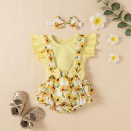 Costumas cu tricou galben - floarea soarelui (marime disponibila: 9-12 luni