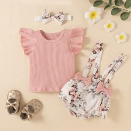 Costumas cu tricou roz - floricele (marime disponibila: 6-9 luni (marimea 19