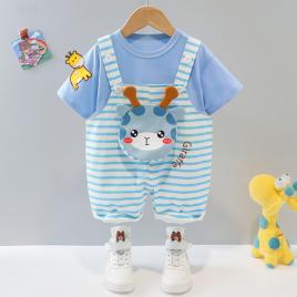 Costumas pentru baietei cu tricou si salopeta - blue giraffe (marime