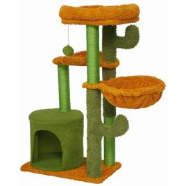 Ansamblu de joaca pentru pisici, jumi, model cactus, cu platforme, culcus, ciucure, verde si portocaliu, 47x90 cm