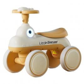 Bicicleta pentru copii, flippy, fara pedale, cu patru roti, din plastic rezistent, fara bpa, cu muzica si lumini, model dinozaur, 50x27x40 cm, galben-mustar