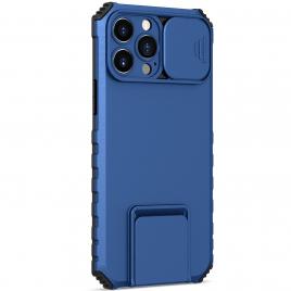 Husa defender cu stand pentru iphone 13 pro max, albastru, suport reglabil, antisoc, protectie glisanta pentru camera, flippy