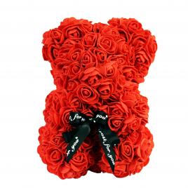 Ursulet din Trandafiri de spuma Rosu, Rose Bear, Decorat manual, inaltime 25 cm, Cutie Transparenta